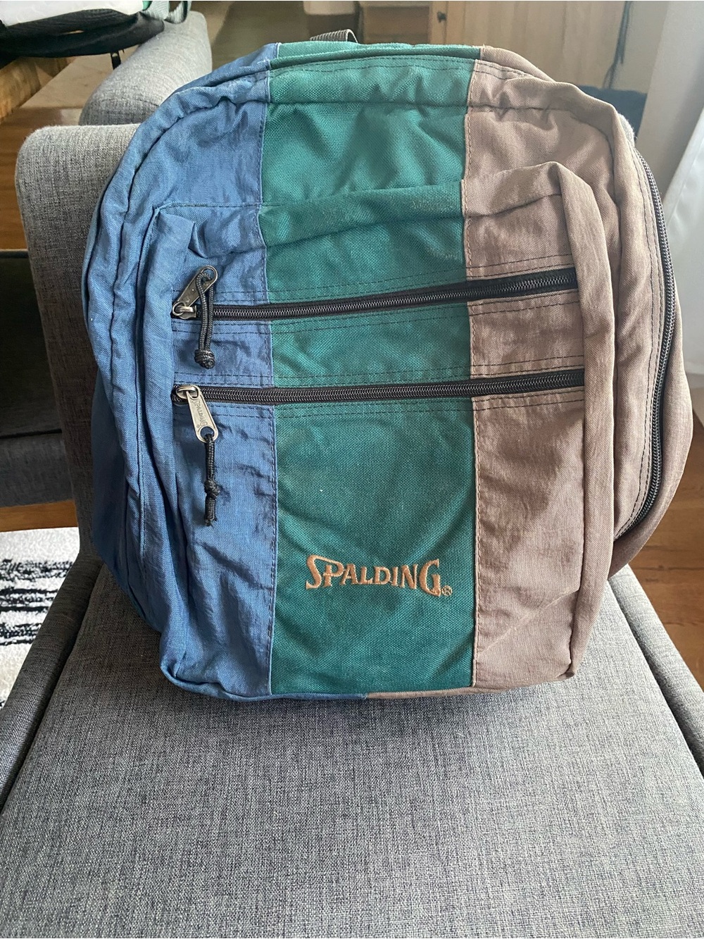 Vintage Spalding Colorblock 90s Backpack Green Blue Beige Zip Pockets